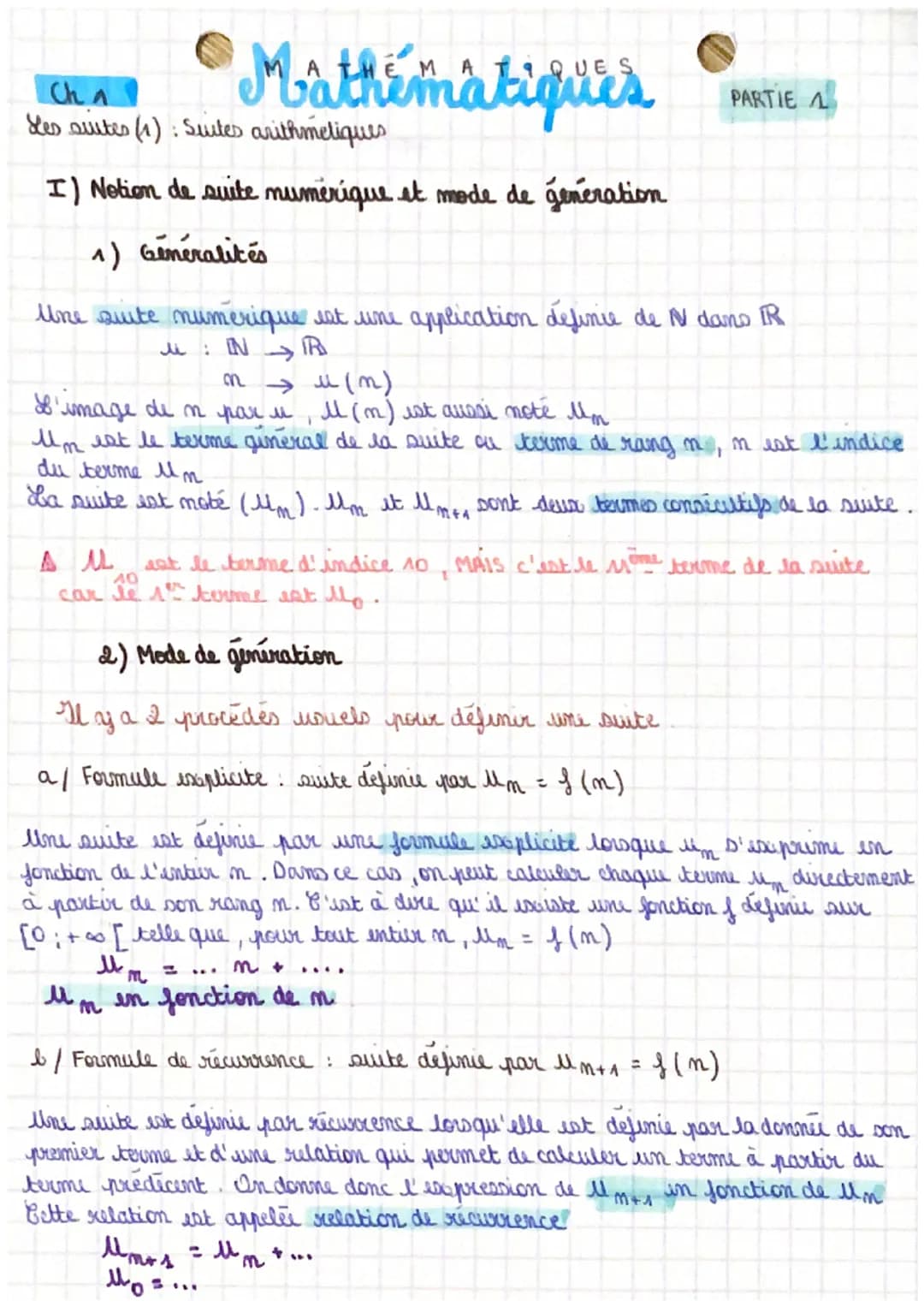 Cha
Mathématiques MATE
Les suites (1): Suites arithmetiques

I) Notion de suite numérique et mode de generation

1) Généralités

Une suite n