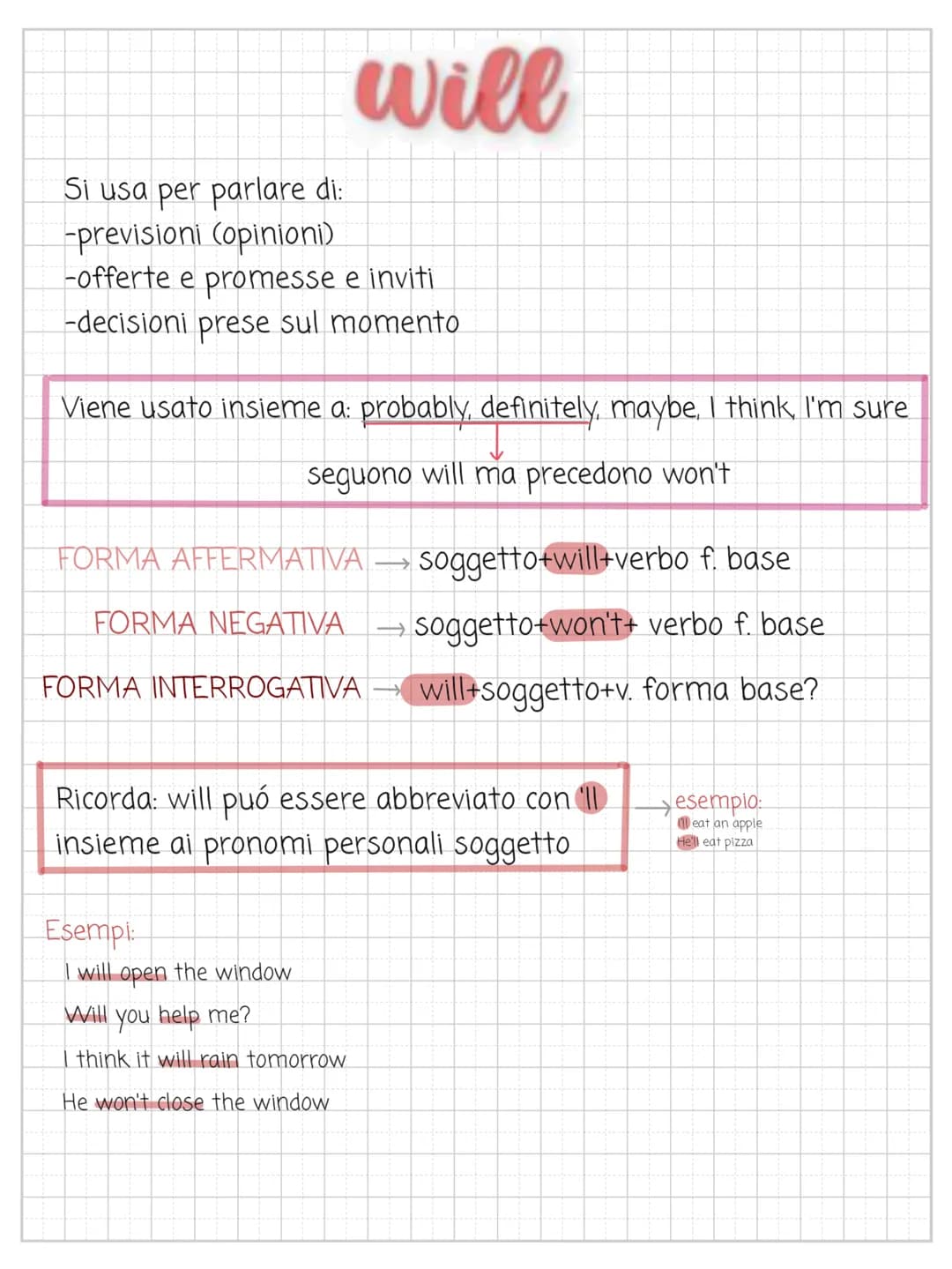 will

Si usa per parlare di:
-previsioni (opinioni)
-offerte e promesse e inviti
-decisioni prese sul momento

Viene usato insieme a: probab