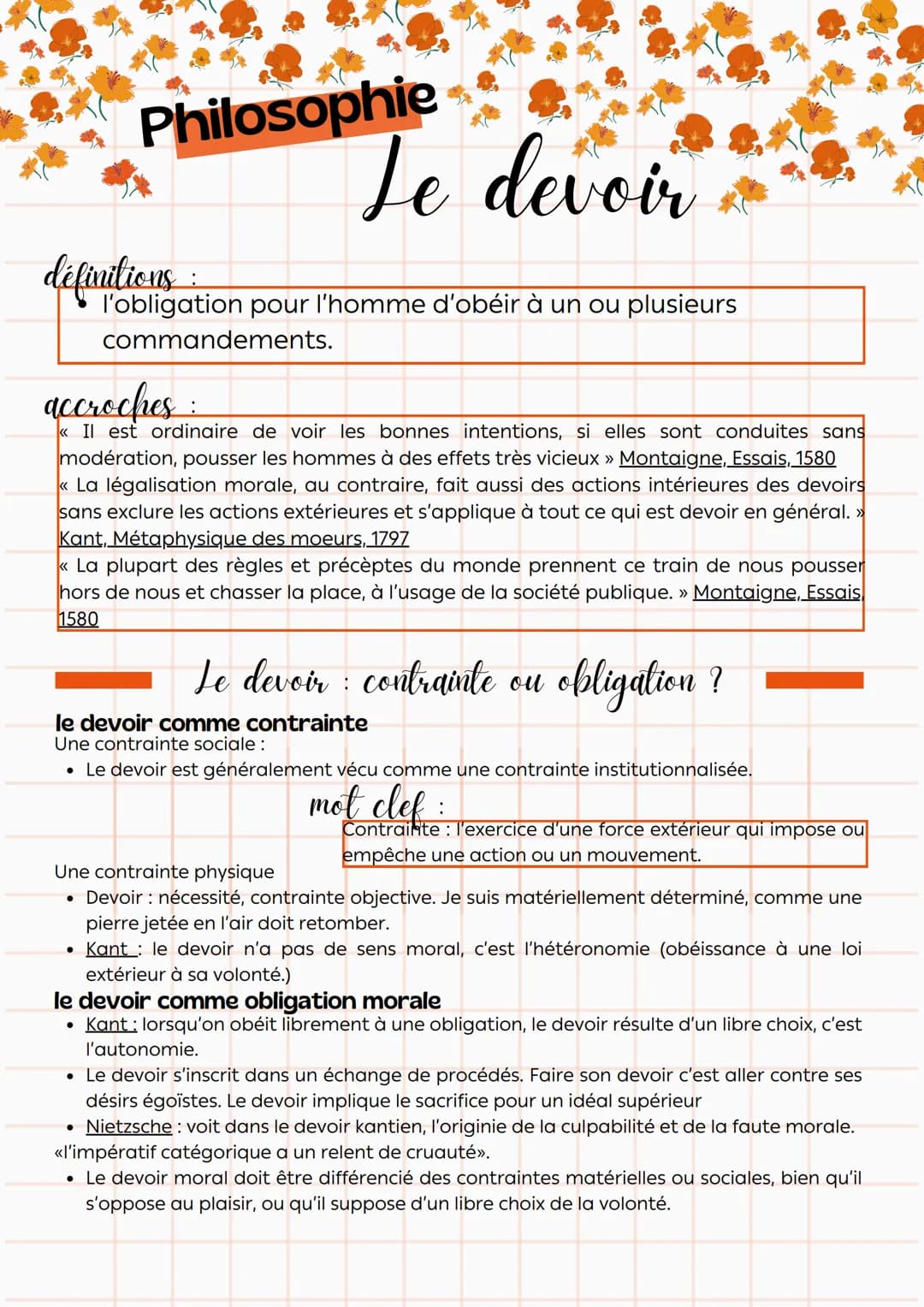 # Philosophie

Le devoir

definitions:

l'obligation pour l'homme d'obéir à un ou plusieurs
commandements.

accroches:

<< Il est ordinaire 
