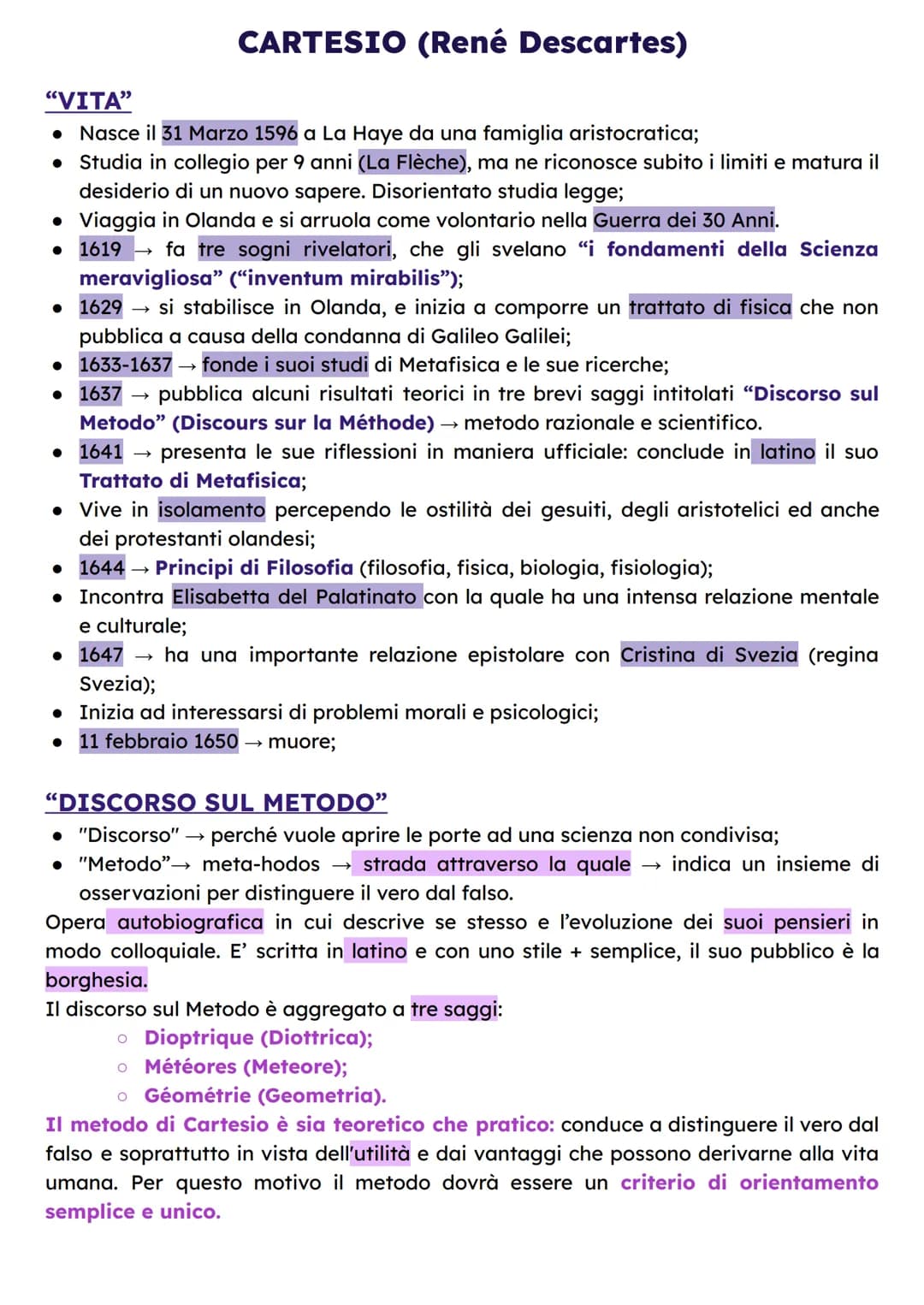 "VITA"
CARTESIO (René Descartes)
• Nasce il 31 Marzo 1596 a La Haye da una famiglia aristocratica;
• Studia in collegio per 9 anni (La Flèch
