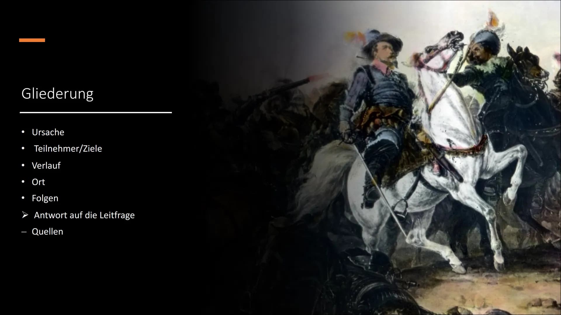 30 jähriger Krieg
1618-1648

Ging es um Macht oder um Glauben? Gliederung

• Ursache
• Teilnehmer/Ziele
• Verlauf
• Ort
• Folgen
➤ Antwort a