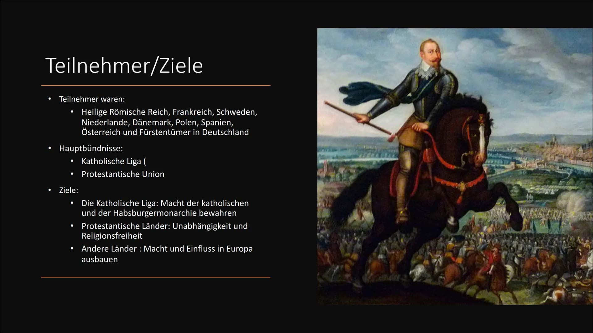 30 jähriger Krieg
1618-1648

Ging es um Macht oder um Glauben? Gliederung

• Ursache
• Teilnehmer/Ziele
• Verlauf
• Ort
• Folgen
➤ Antwort a