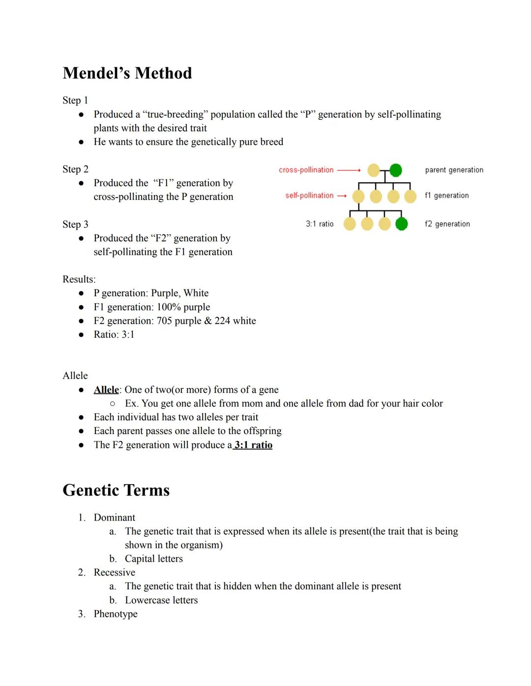 # Mendel's Method

Step 1

*   Produced a "true-breeding" population called the "P" generation by self-pollinating
    plants with the desir