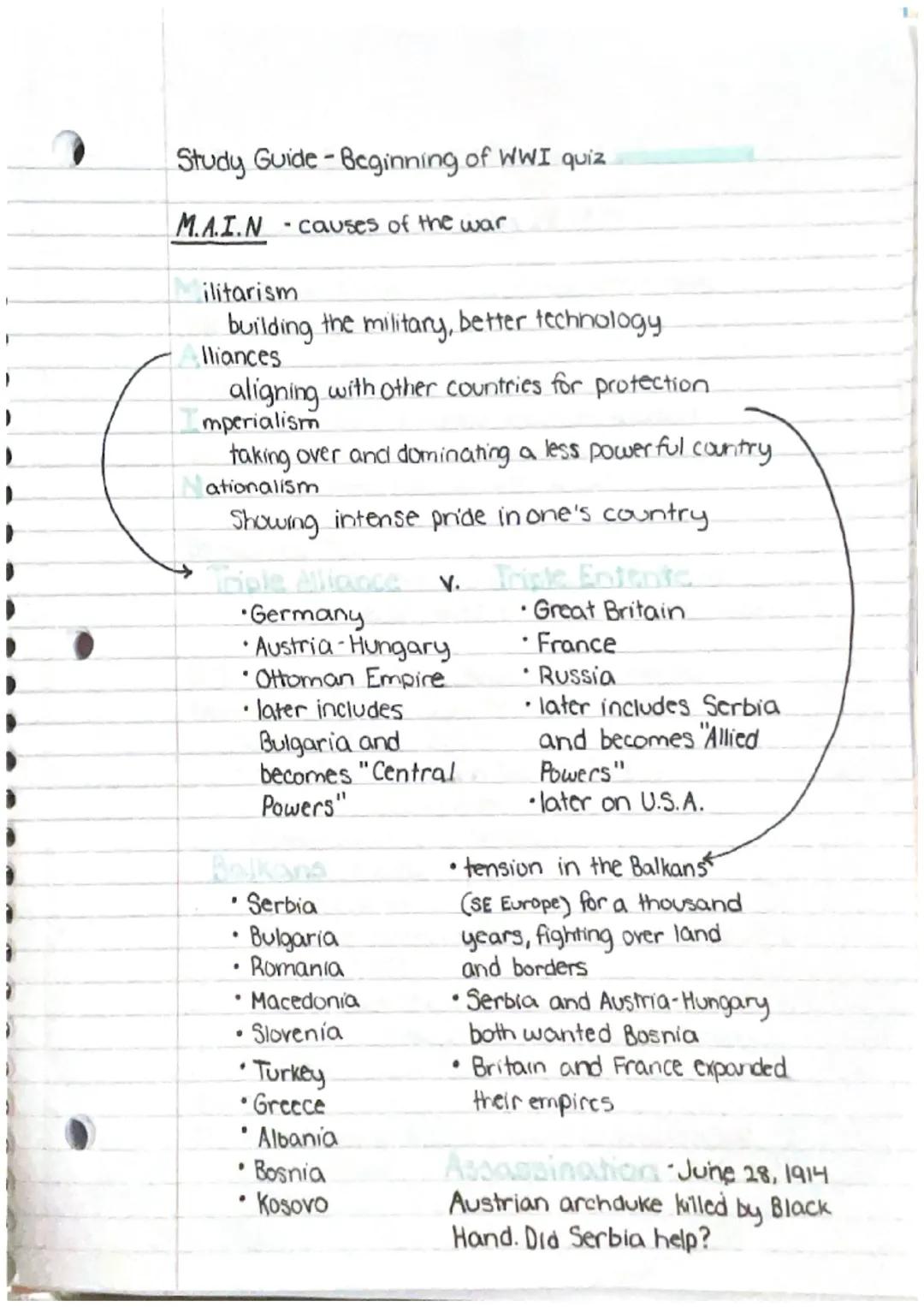 Study Guide-Beginning of WWI quiz

Μ.Α.Ι.Ν causes of the war

ilitarism
building the military, better technology
Iliances
aligning with othe