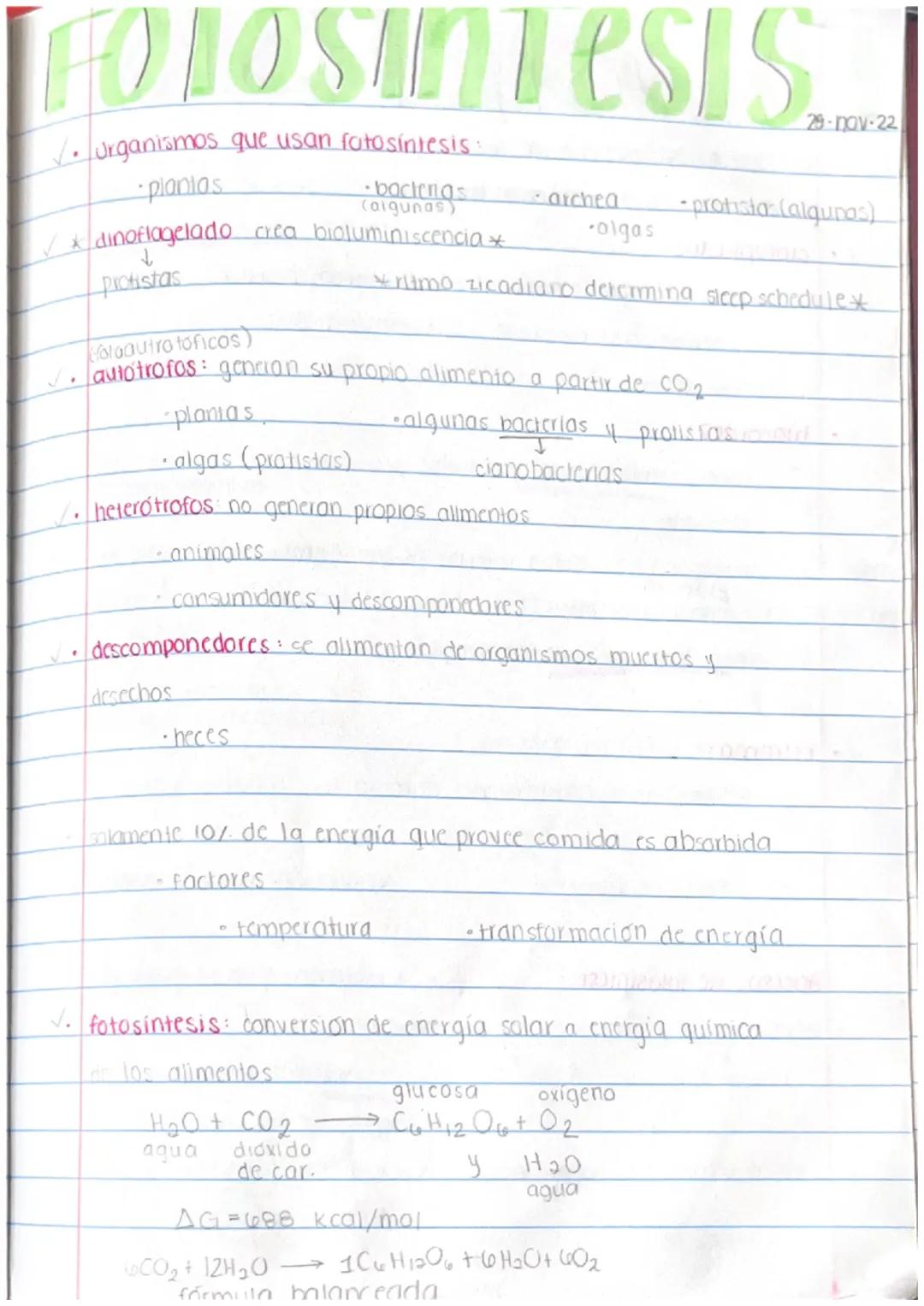 # Folosintesis

✓. urganismos que usan fotosintesis:

- planias

  - bactlengs
    (algunas)

* dinoflagelado crea bioluminiscencia *

  ↓

