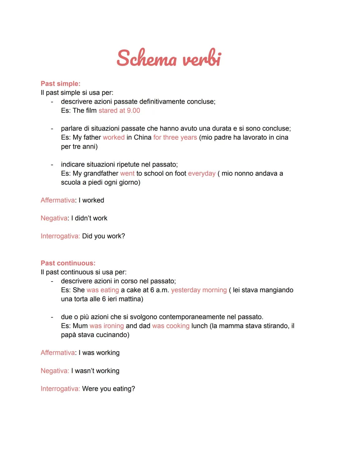 # Schema verbi

Past simple:
Il past simple si usa per:
- descrivere azioni passate definitivamente concluse;
- Es: The film stared at 9.00
