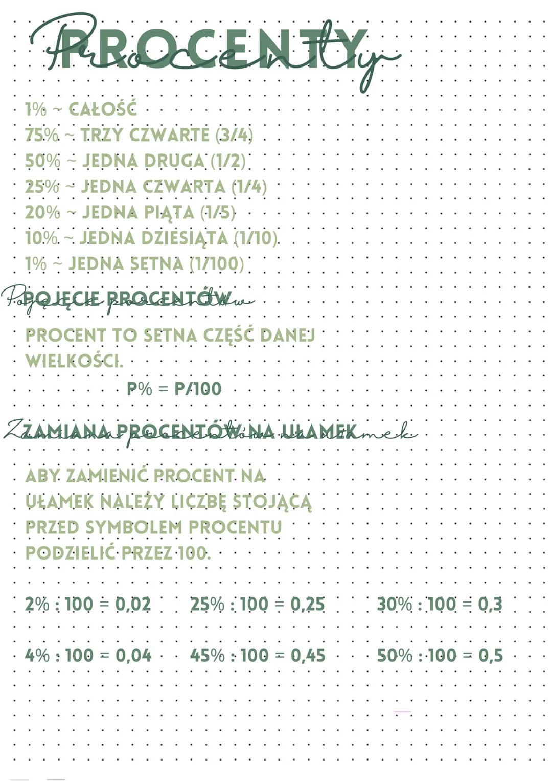# PROCENTYY

1% ~ CAŁOŚĆ

75%~ TRZY CZWARTE (3/4)

50% JEDNA DRUGA (1/2):

25% JEDNA CZWARTA (1/4)

20% JEDNA PIĄTA (1/5)

10%~ JEDNA DZIESI