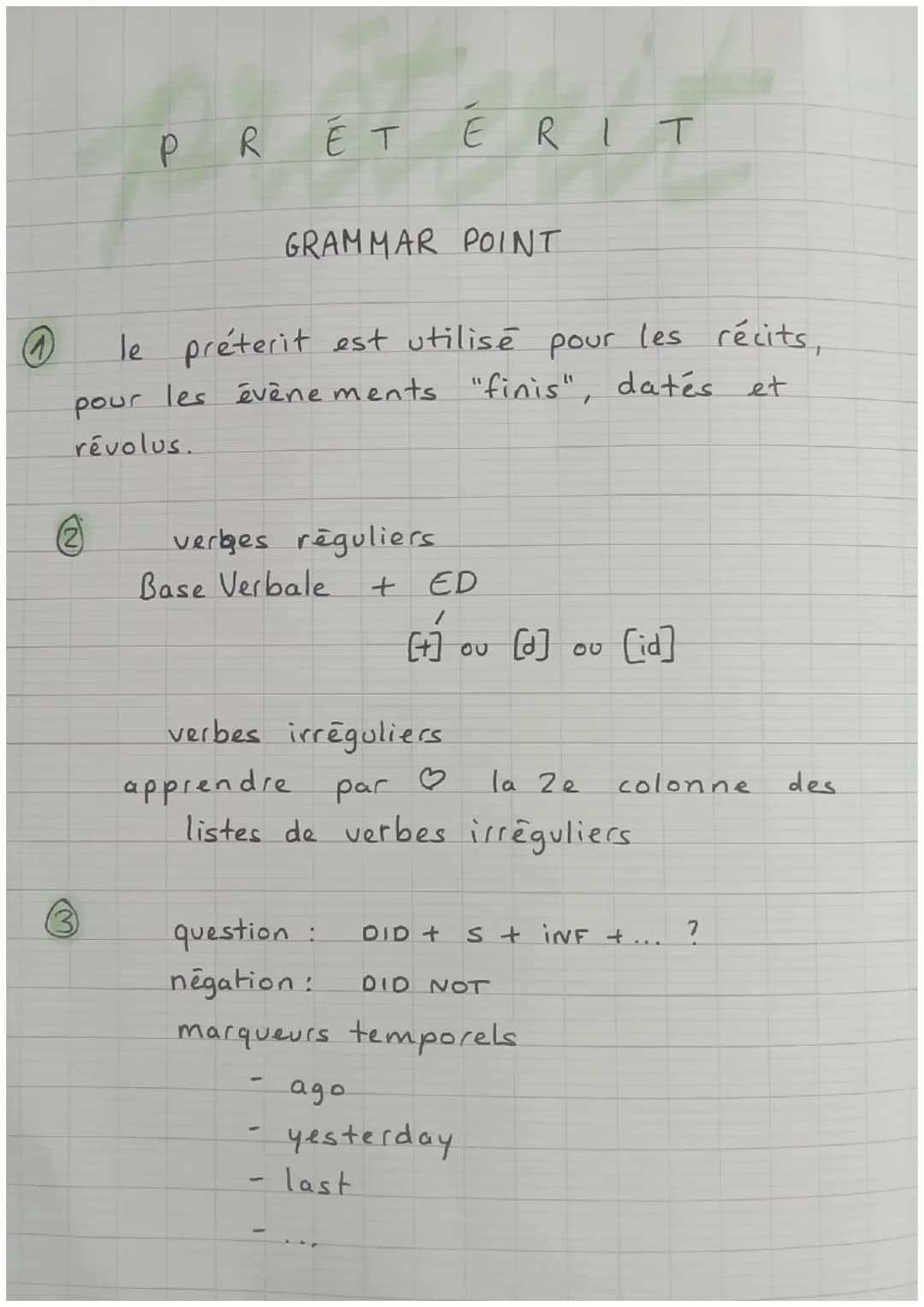 # PRÉTÉRIT

GRAMMAR POINT

① le préterit est utilisé pour les récits,
pour les évènements "finis", datés et
révolus.

② verges réguliers.
Ba