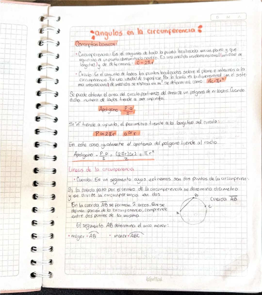 D
M
A
# angulos en la circunferencia
Conceptos basicos:
*   Circunferencia Es el conjunto de toda la punta localizada en un plano y que
equi