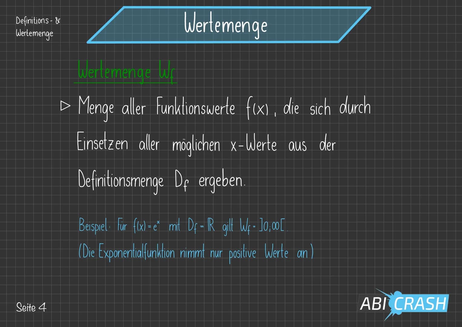 Definitions- &
Wertemenge

Definitionsmenge

Maximale Definitionsmenge

Die (größtmögliche) Menge aller x-Werte, die in einen
gegebenen Funk