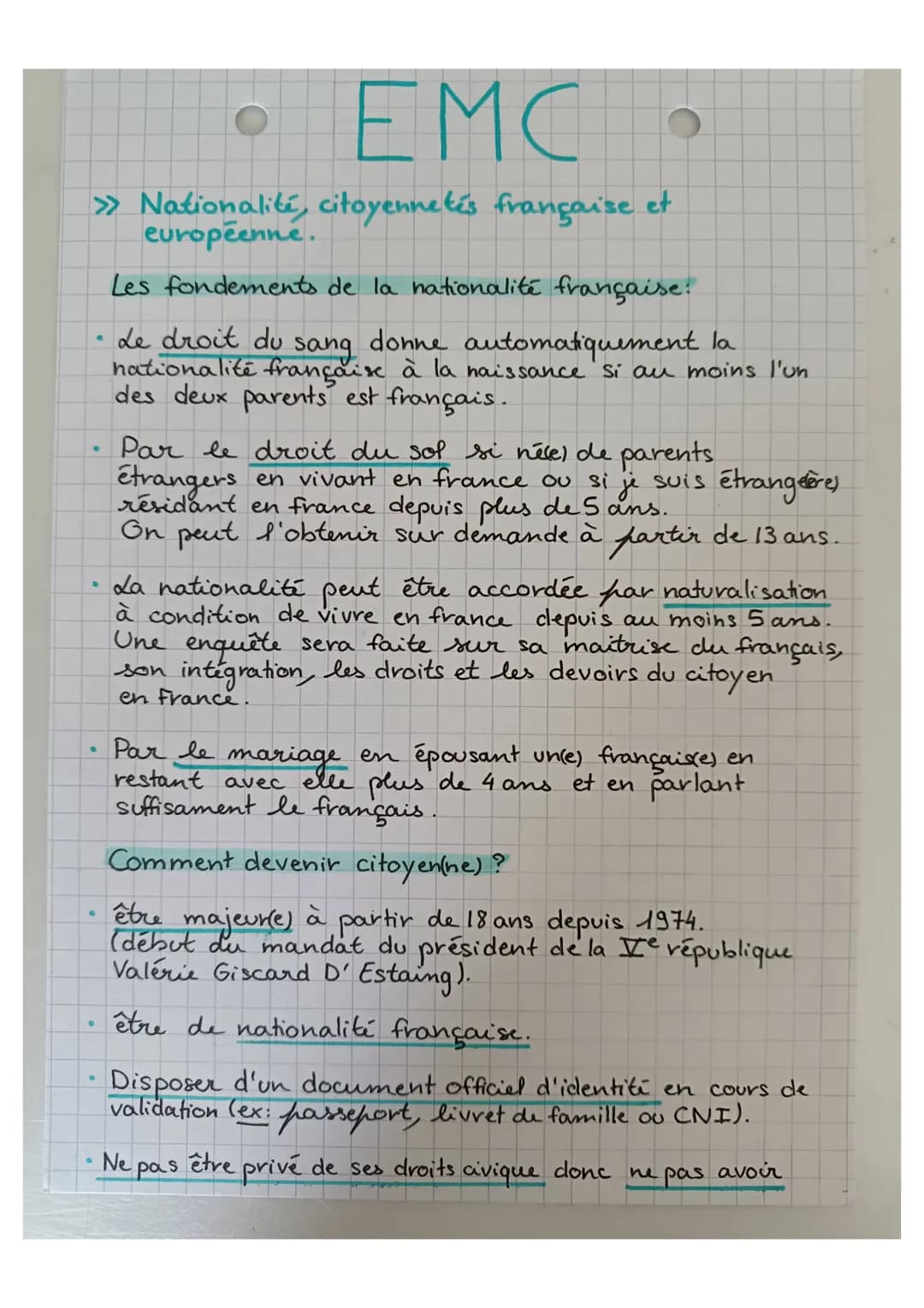 ・EMC。

>> Nationalité, citoyennetés française et
européenne.

Les fondements de la nationalité française:

- Le droit du sang donne automati