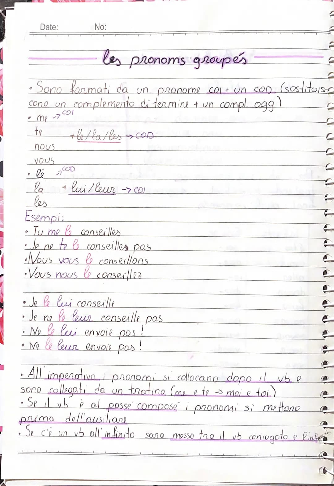 Date:
No:

les pronoms groupés
• Sono formati da un pronome colt un con. (sostituis
cono un complemento di termine + un compl. ogg)
• me-01
