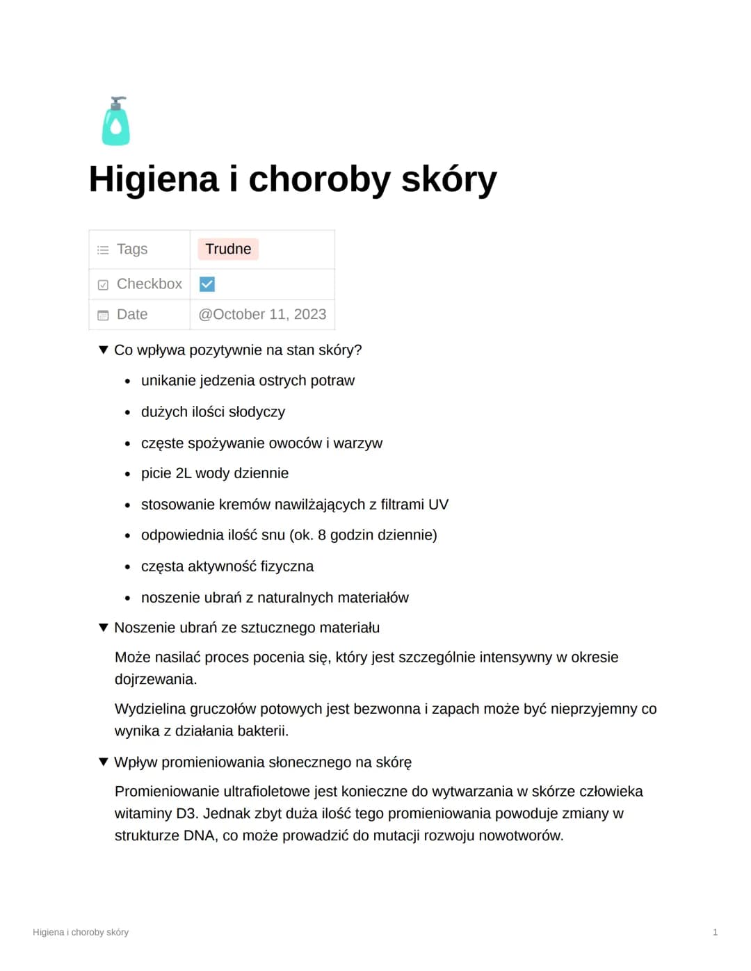 # Higiena i choroby skóry

Tags

Trudne

Checkbox

Date

@October 11, 2023

▼ Co wpływa pozytywnie na stan skóry?

*   unikanie jedzenia ost