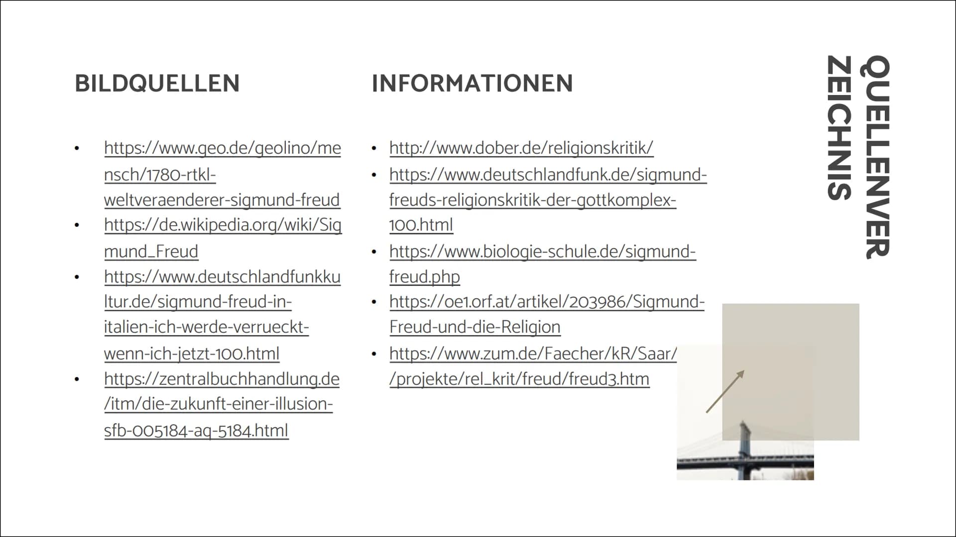 # Sigmund
# Freuds
# Religionskritik
Eine Präsentation von [...] # 01 LEBEN
# 02 WERK
# 03 THESEN
# 04 RÜCKFRAGEN
# 05 BEURTEILUNG

INHALTS-