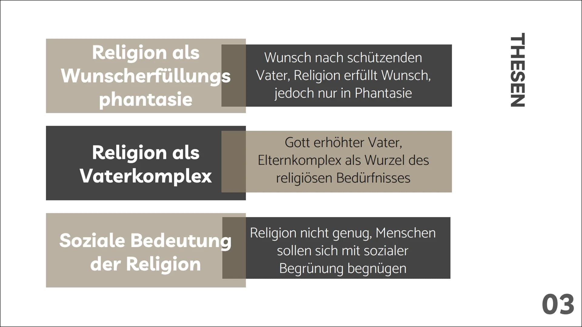 # Sigmund
# Freuds
# Religionskritik
Eine Präsentation von [...] # 01 LEBEN
# 02 WERK
# 03 THESEN
# 04 RÜCKFRAGEN
# 05 BEURTEILUNG

INHALTS-