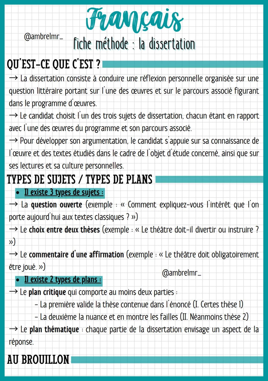 @ambrelmr_
# Français
fiche méthode: la dissertation

## QU'EST-CE QUE C'EST ?

→ La dissertation consiste à conduire une réflexion personne