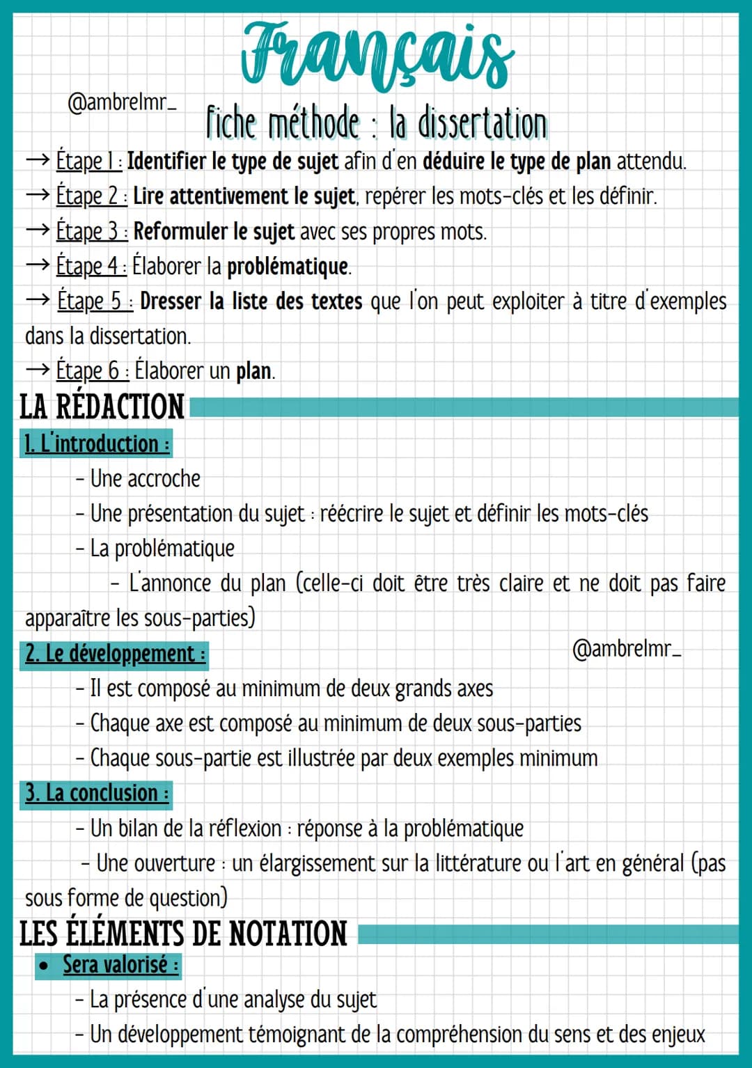 @ambrelmr_
# Français
fiche méthode: la dissertation

## QU'EST-CE QUE C'EST ?

→ La dissertation consiste à conduire une réflexion personne