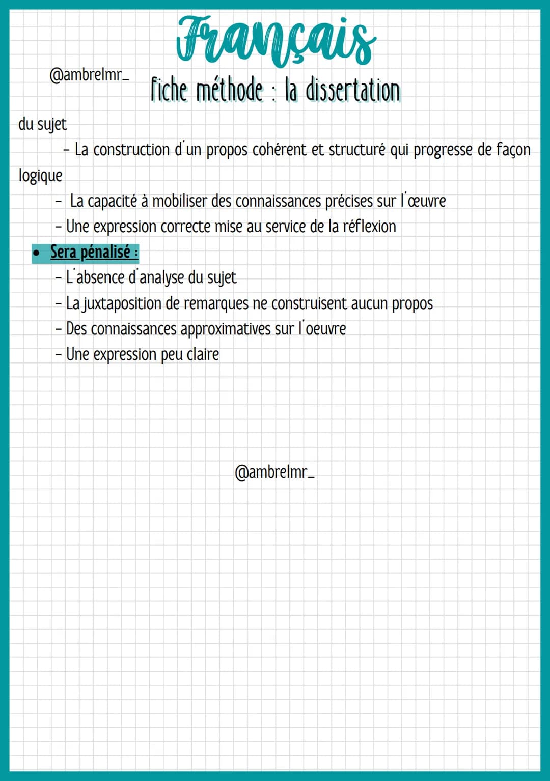 @ambrelmr_
# Français
fiche méthode: la dissertation

## QU'EST-CE QUE C'EST ?

→ La dissertation consiste à conduire une réflexion personne