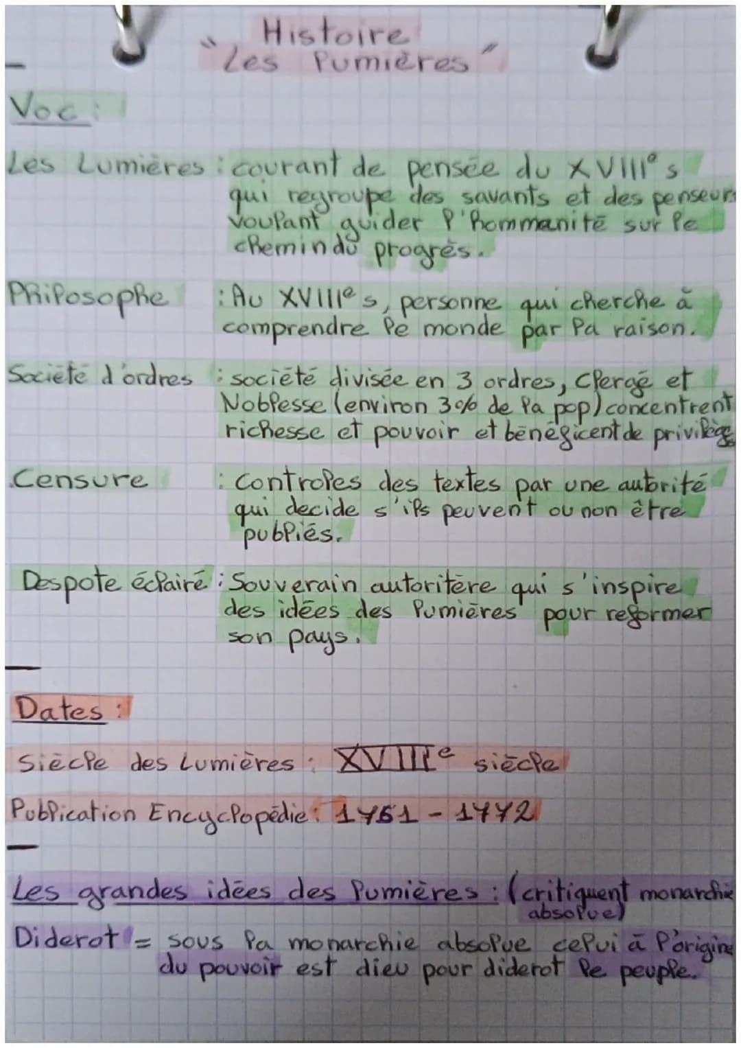 Histoire
"Les Pumières"

Voc
Les Lumières courant de pensée du XVIII°s
qui regroupe des savants et des penseun
voulant guider P'hommanité su