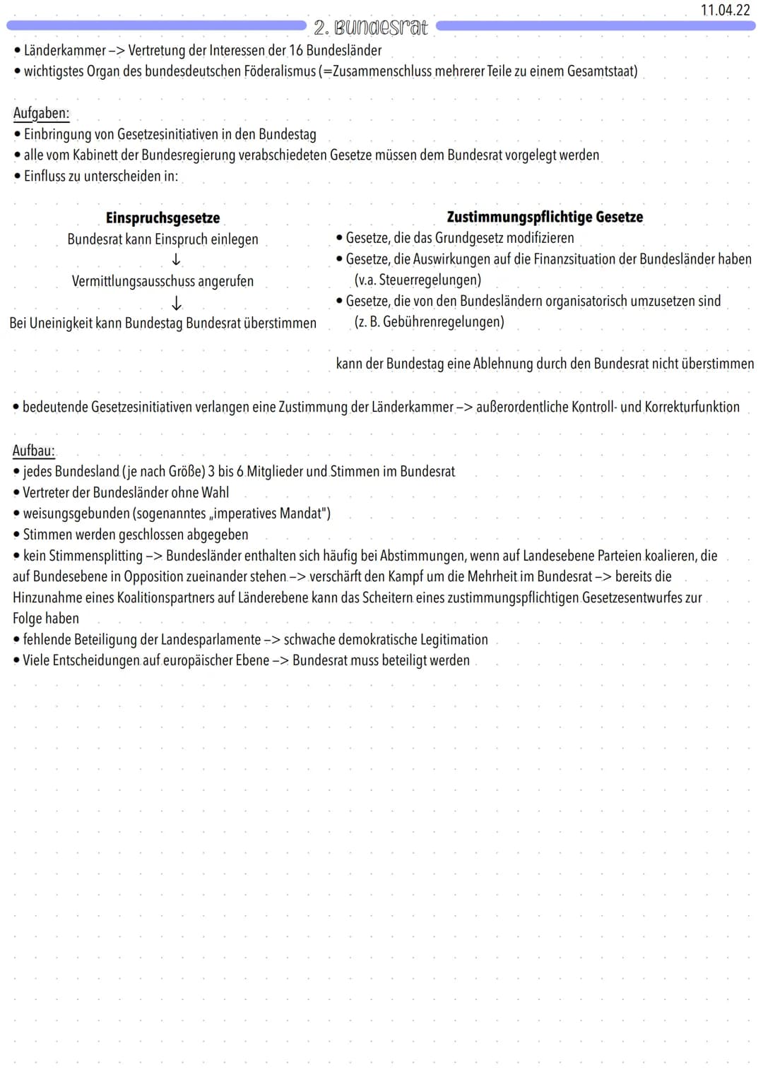 11.04.22
# Politische Institutionen der BDR
## 1. Der Bundestag - Handeln nach dem crundgesetz

Aufgaben:
- Gesetzgebung
- Wahl des Bundeska