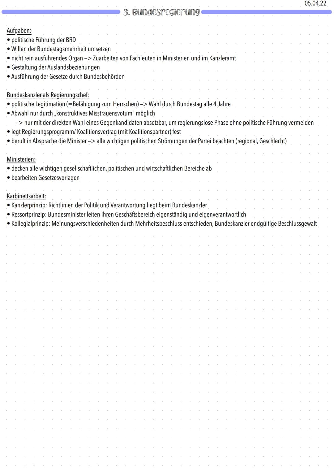 11.04.22
# Politische Institutionen der BDR
## 1. Der Bundestag - Handeln nach dem crundgesetz

Aufgaben:
- Gesetzgebung
- Wahl des Bundeska