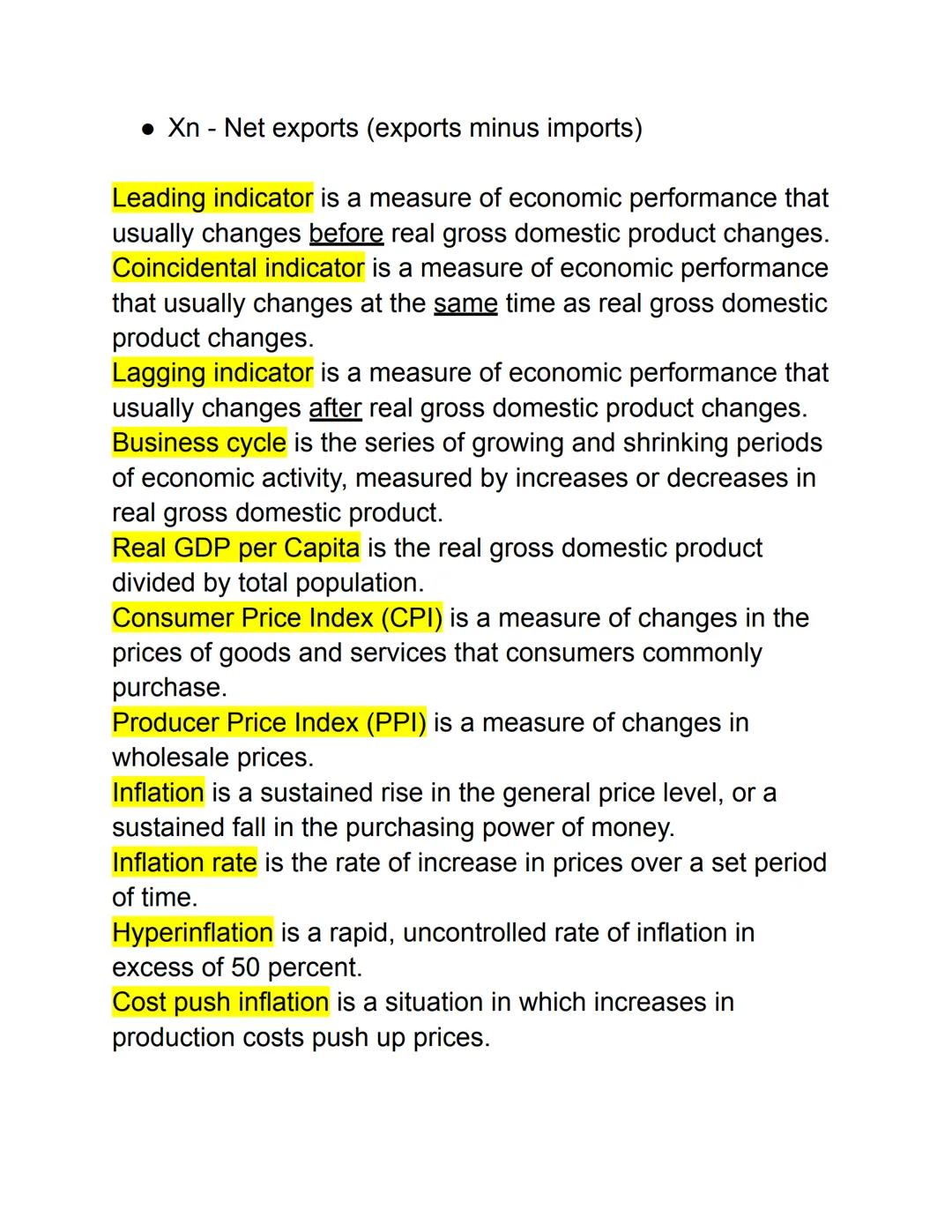 # ECONOMIC INDICATORS & MEASUREMENTS
TEST STUDY GUIDE
Gross Domestic Product (GDP) is the market value of all final
goods and services produ