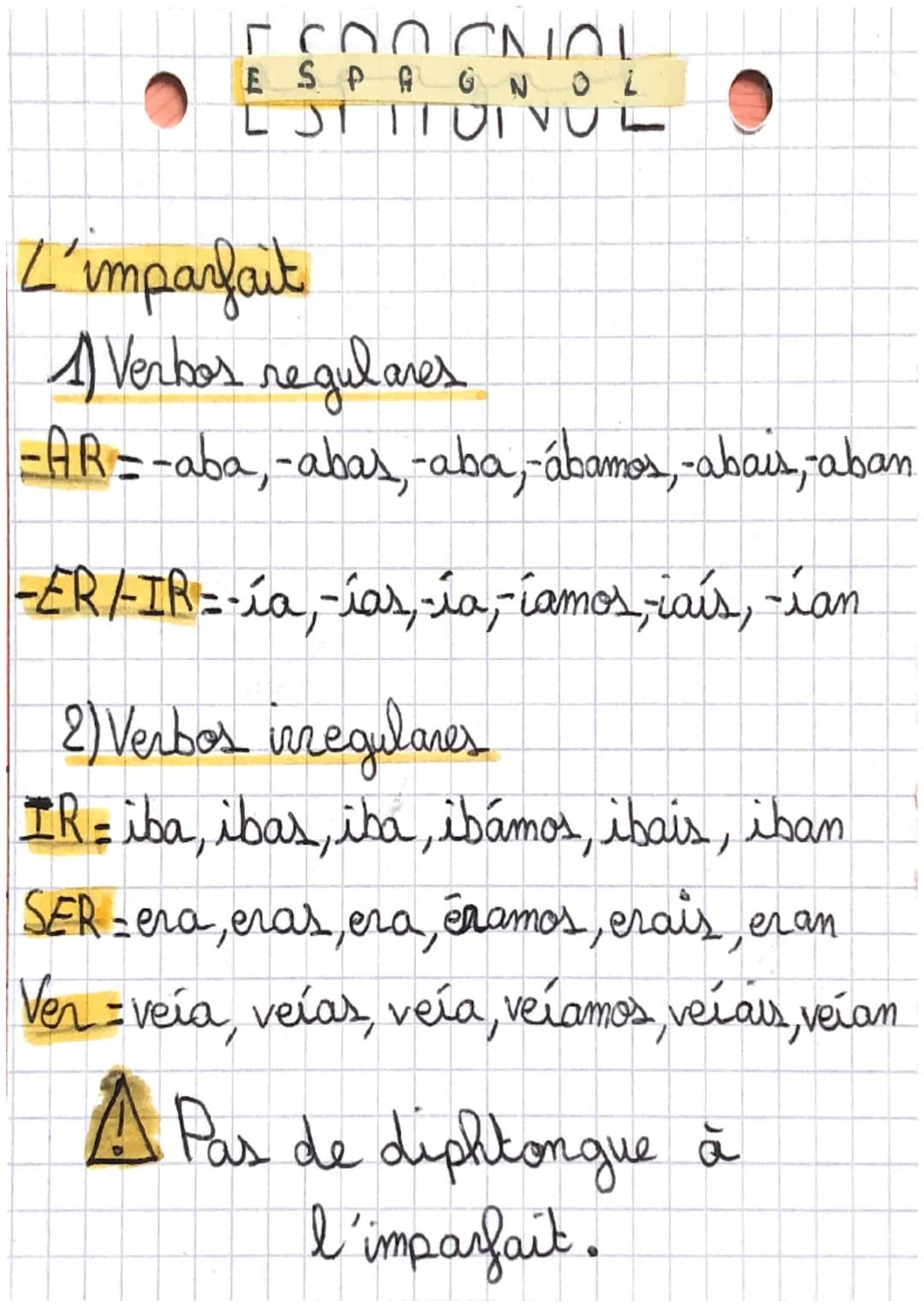 # ESPAGNOL
ESTITUIVUL

L'imparfait

1) Verbos regulares

-AR=-aba, -abas, -aba,-ábamos, -abais, aban

-ER/-IR=-ía,-ías,-ía, íamos, caís, -ia