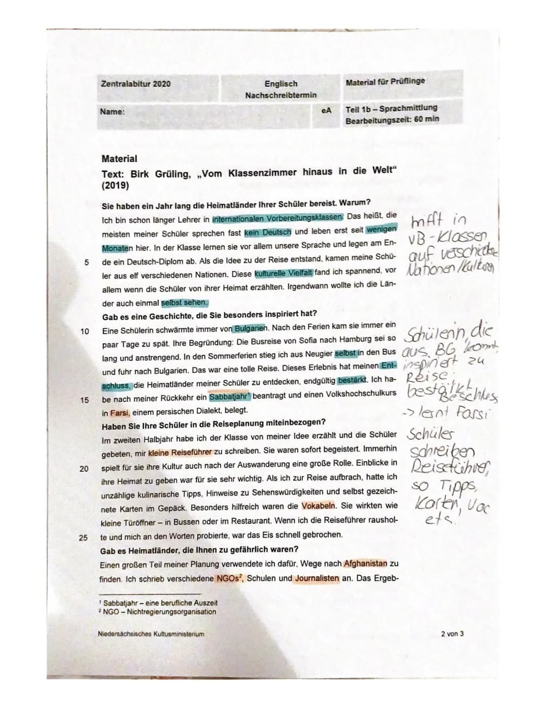 Zentralabitur 2020
Englisch
Nachschreibtermin
Material für Prüflinge
Name: Celine
eA
Teil 1b-Sprachmittlung
Bearbeitungszeit: 60 min

Aufgab