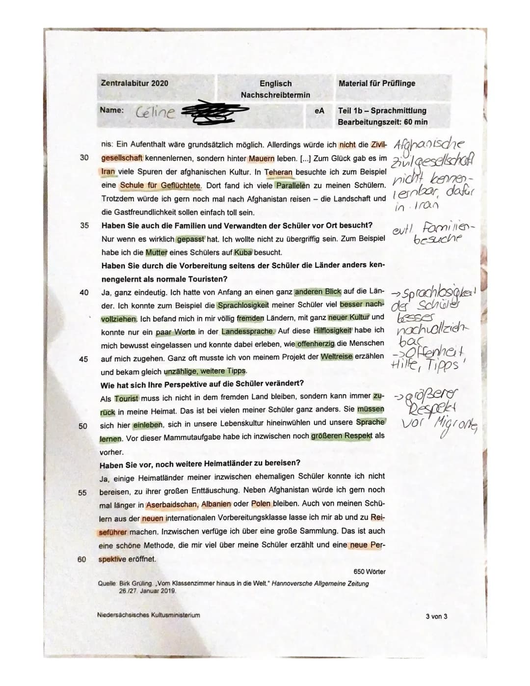 Zentralabitur 2020
Englisch
Nachschreibtermin
Material für Prüflinge
Name: Celine
eA
Teil 1b-Sprachmittlung
Bearbeitungszeit: 60 min

Aufgab
