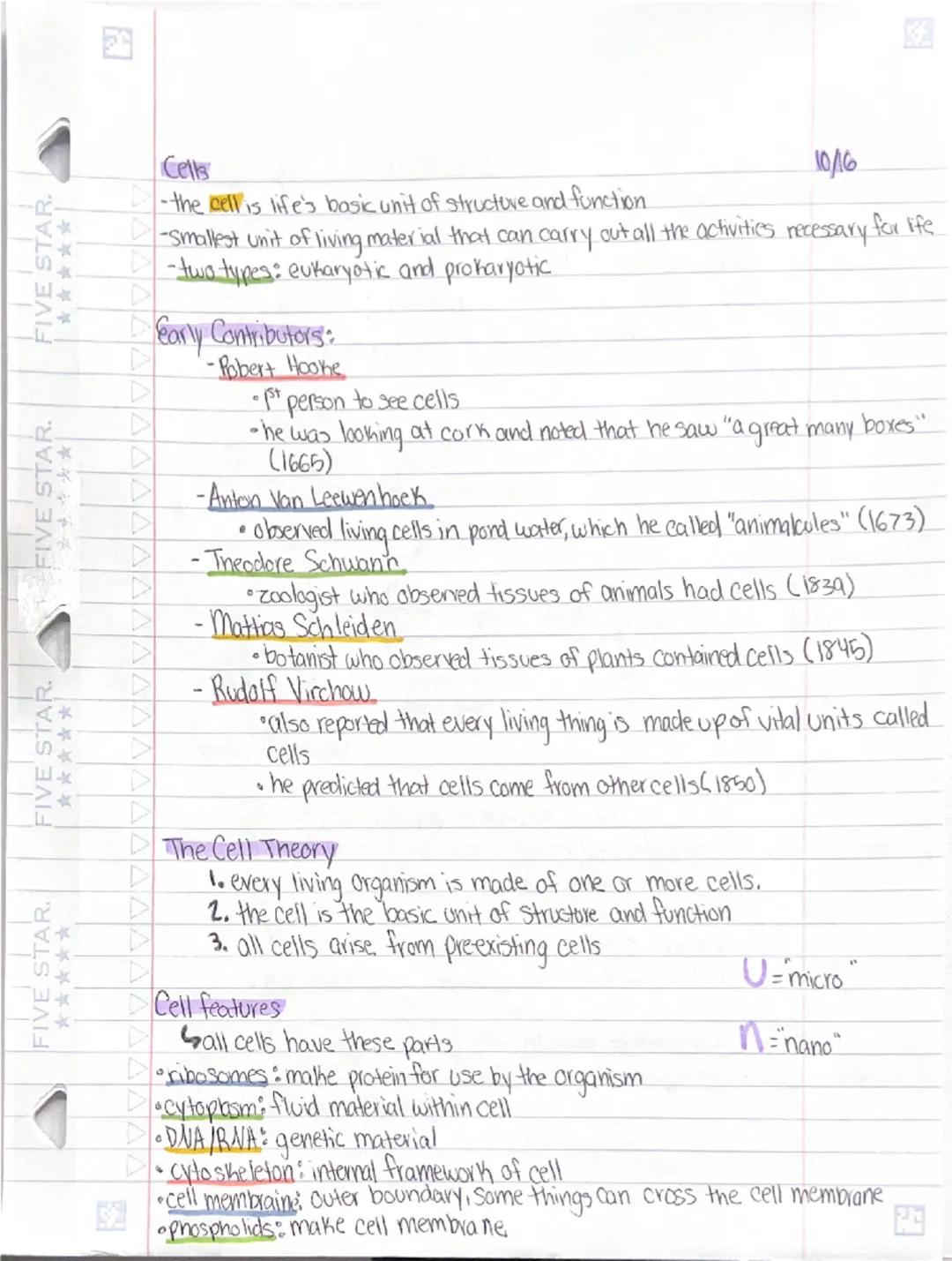 FIVE STAR.
*****
FIVE STAR.
*****
FIVE STAR.
*****
FIVE STAR.
*****
Cells
-the cell is life's basic unit of structure and function.
10/16
-S