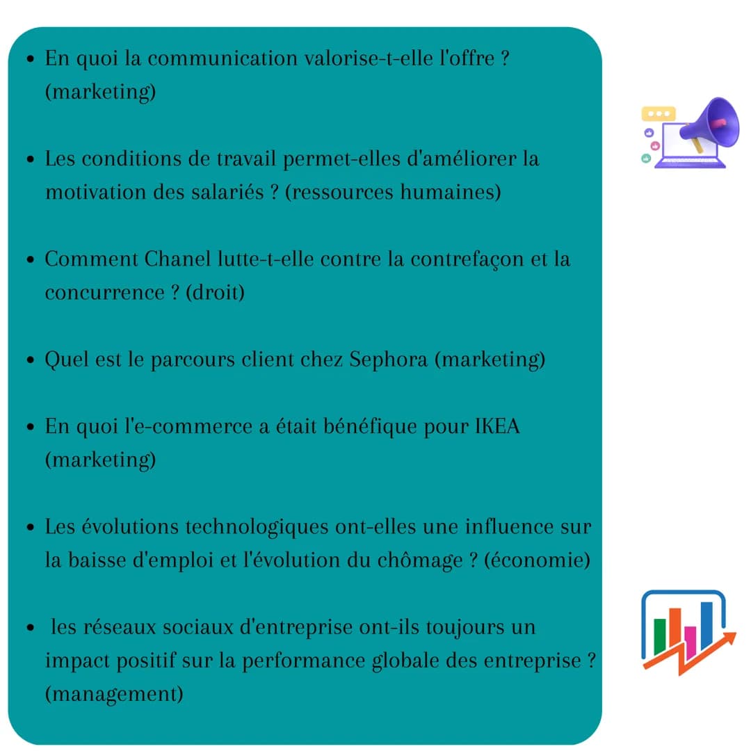 19 Sujet de Grand Oral

STMG - En quoi la communication valorise-t-elle l'offre ?
(marketing)
- Les conditions de travail permet-elles d'amé