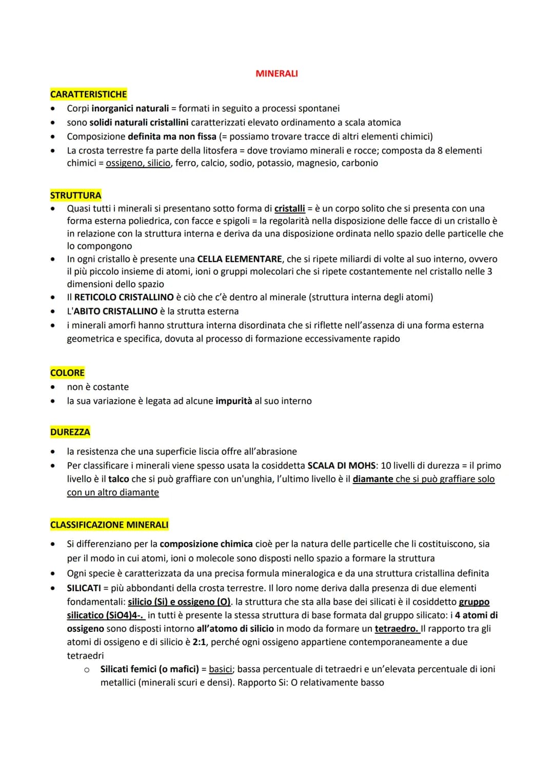 # MINERALI

CARATTERISTICHE

- Corpi inorganici naturali = formati in seguito a processi spontanei
- sono solidi naturali cristallini caratt