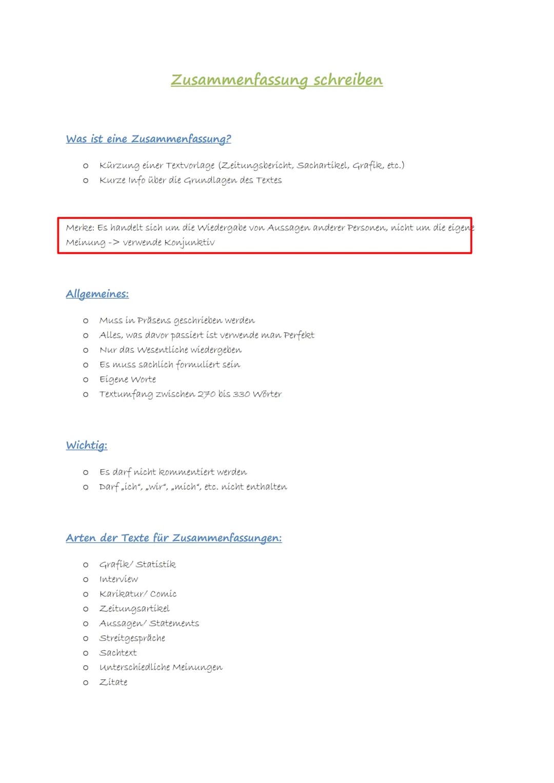 # Zusammenfassung schreiben

Was ist eine Zusammenfassung?

*   Kürzung einer Textvorlage (Zeitungsbericht, Sachartikel, Grafik, etc.)
*   K