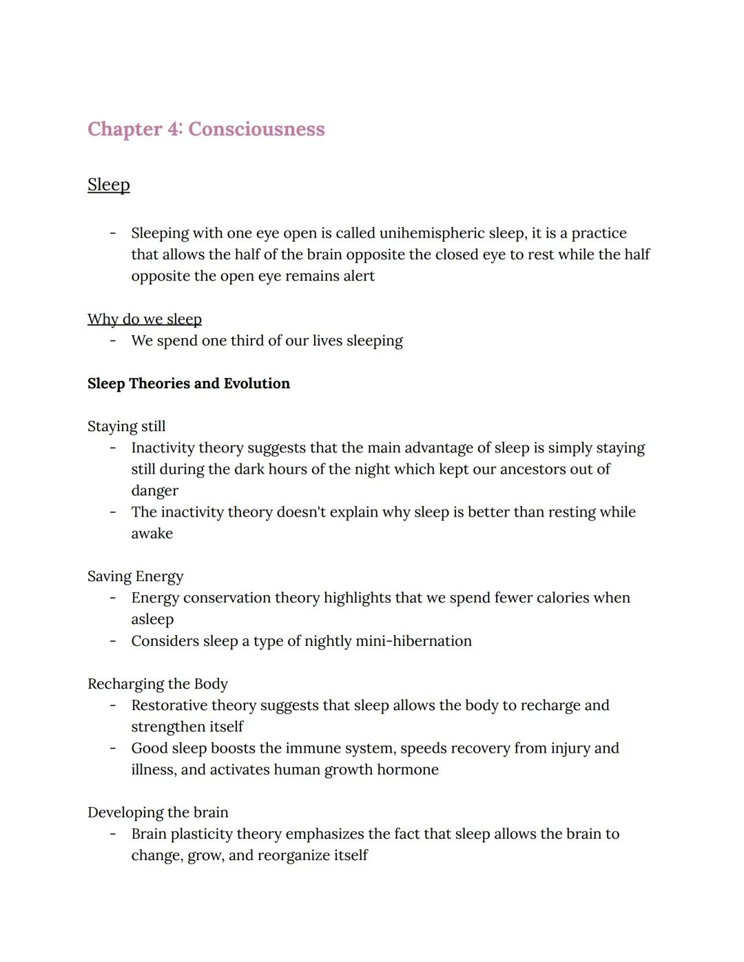 # Chapter 4: Consciousness

Sleep

- Sleeping with one eye open is called unihemispheric sleep, it is a practice
that allows the half of the