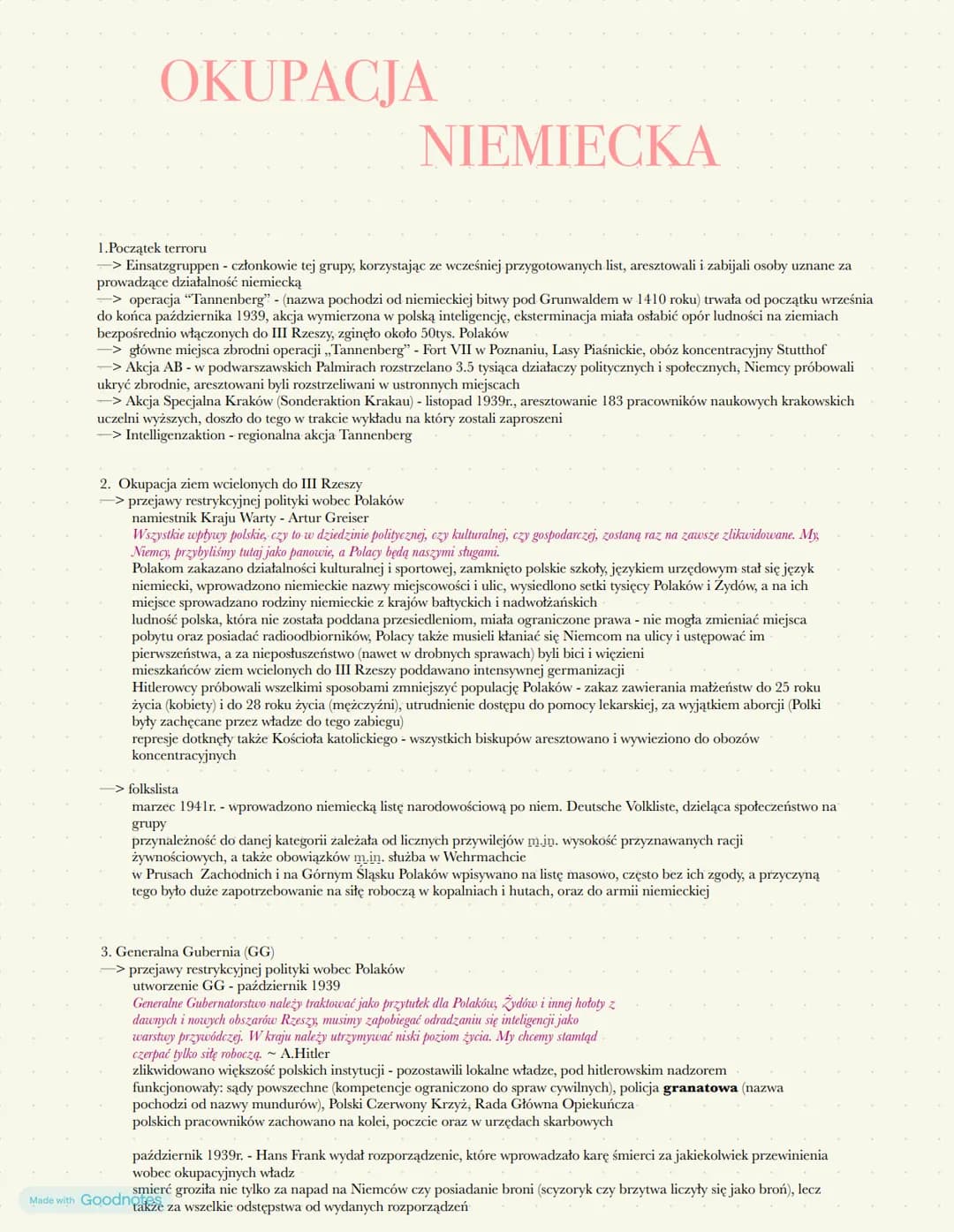 # OKUPACJA
# NIEMIECKA

1. Początek terroru

-> Einsatzgruppen - członkowie tej grupy, korzystając ze wcześniej przygotowanych list, areszto