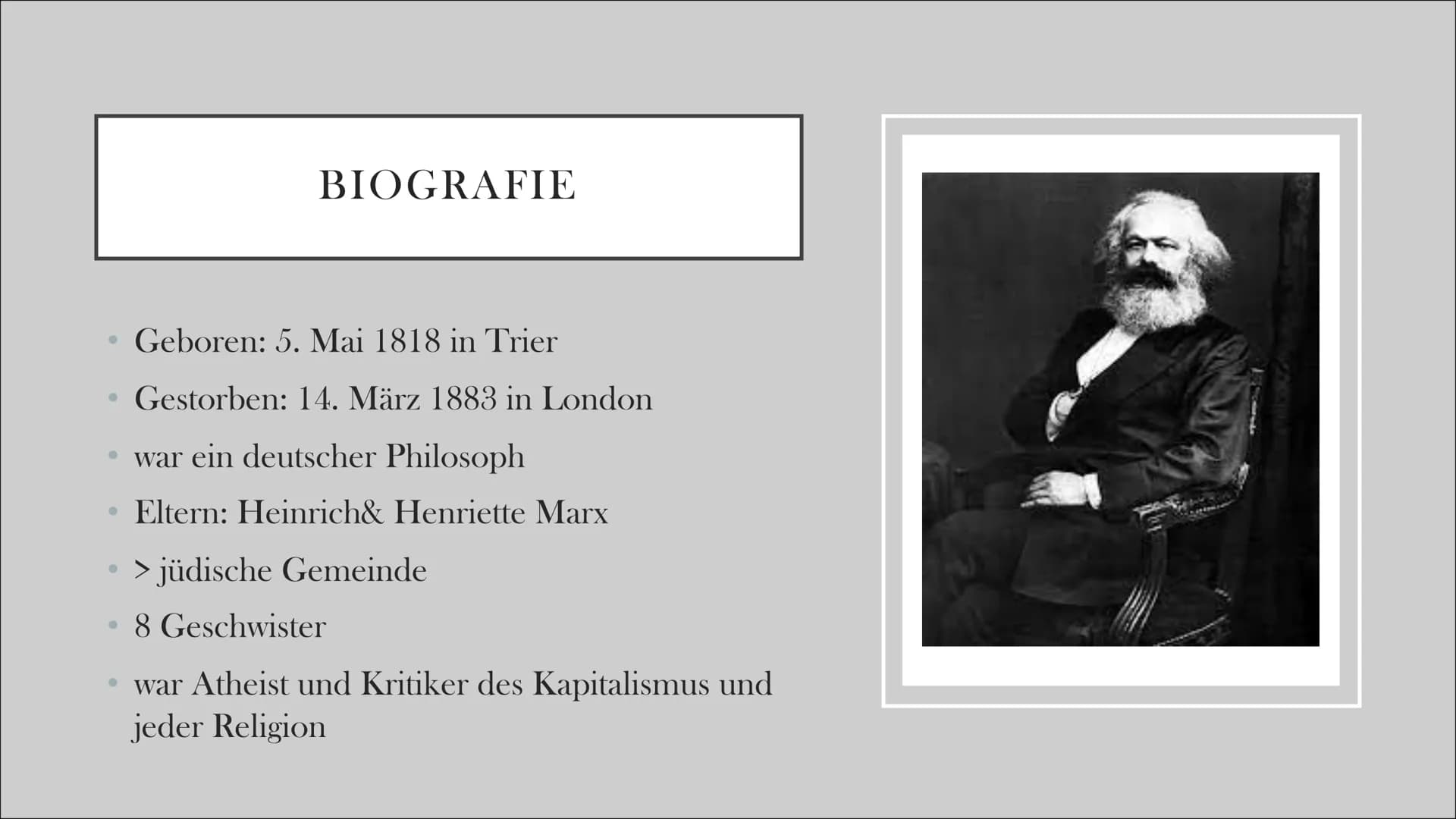 # KARL MARX

GESCHICHTLICHEN&BIOGRAFISCHEN HINTERGRUND

Emily

G1 eR GLIEDERUNG

• Biografie
• Lebenslauf
• Historischer Hintergrund
• Allge