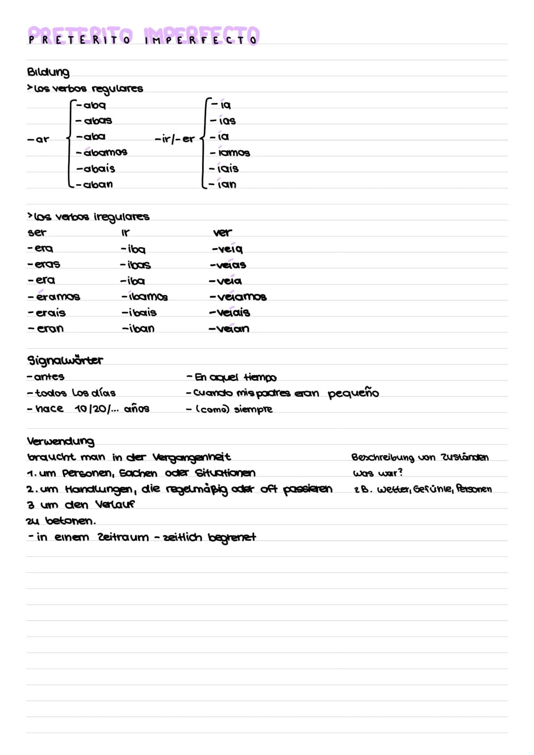 # PRETERITO IMPERFECTO

Bildung

>Los verbos regulares

- abq
-19

- abas
-IQS

-ar
-aba
-ir/-er
-ια

- abamos
-lamos

-abais
-lais

-aban
-