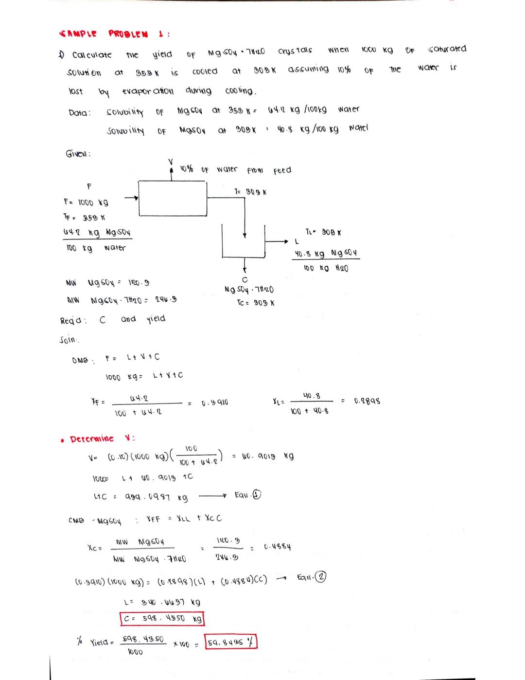 # SAMPLE PROBLEM 1:

1) Calculate the yield OF Mg50478120 crystals when 1000 Kg OF saturated
Solution at 353 K is cooled at 303k assuming 10