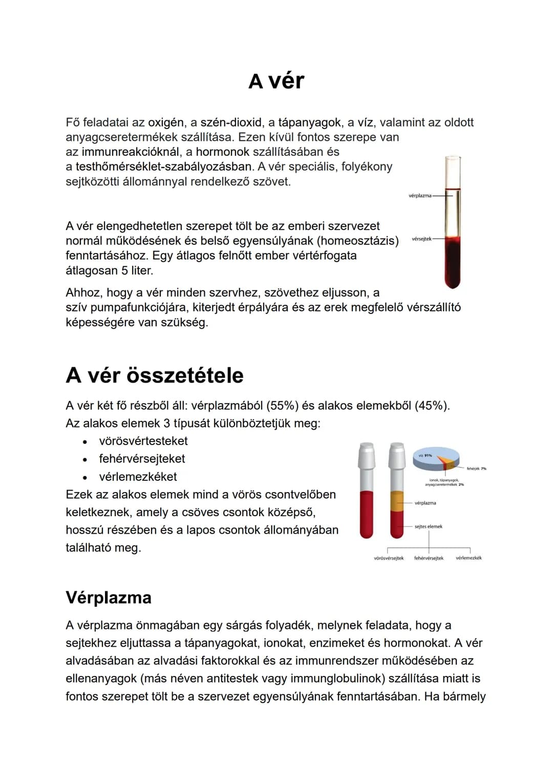 A vér
Fő feladatai az oxigén, a szén-dioxid, a tápanyagok, a víz, valamint az oldott
anyagcseretermékek szállítása. Ezen kívül fontos szerep