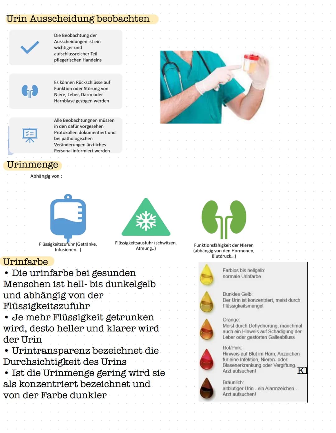 # Urin Ausscheidung beobachten

Die Beobachtung der
Ausscheidungen ist ein
wichtiger und
aufschlussreicher Teil
pflegerischen Handelns

Es k