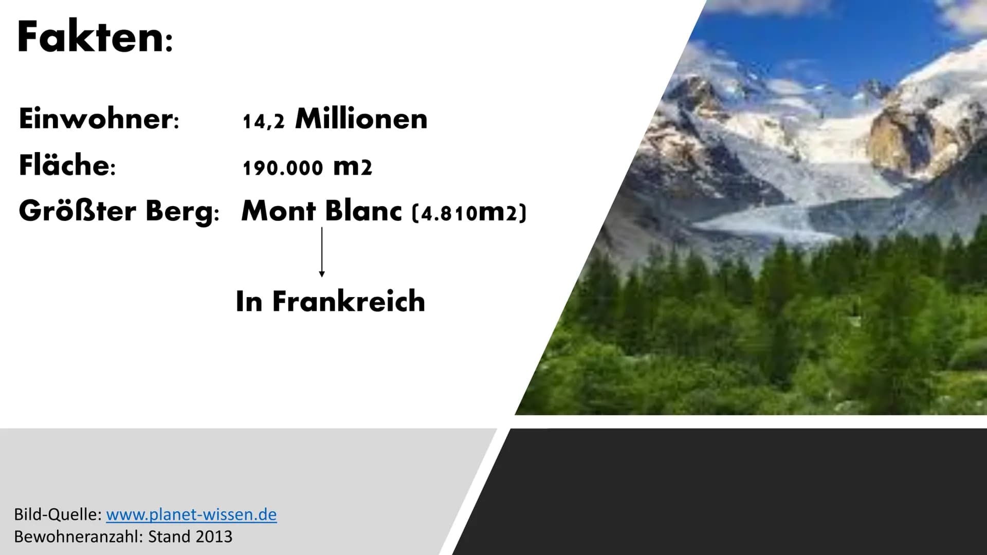 # Die Alpen

Bild-Quelle: www.planet-wissen.de # Standorte: Frankreich,
Monaco
Italien
Schweiz
Liechtenstein
Deutschland
Österreich
Slowenie