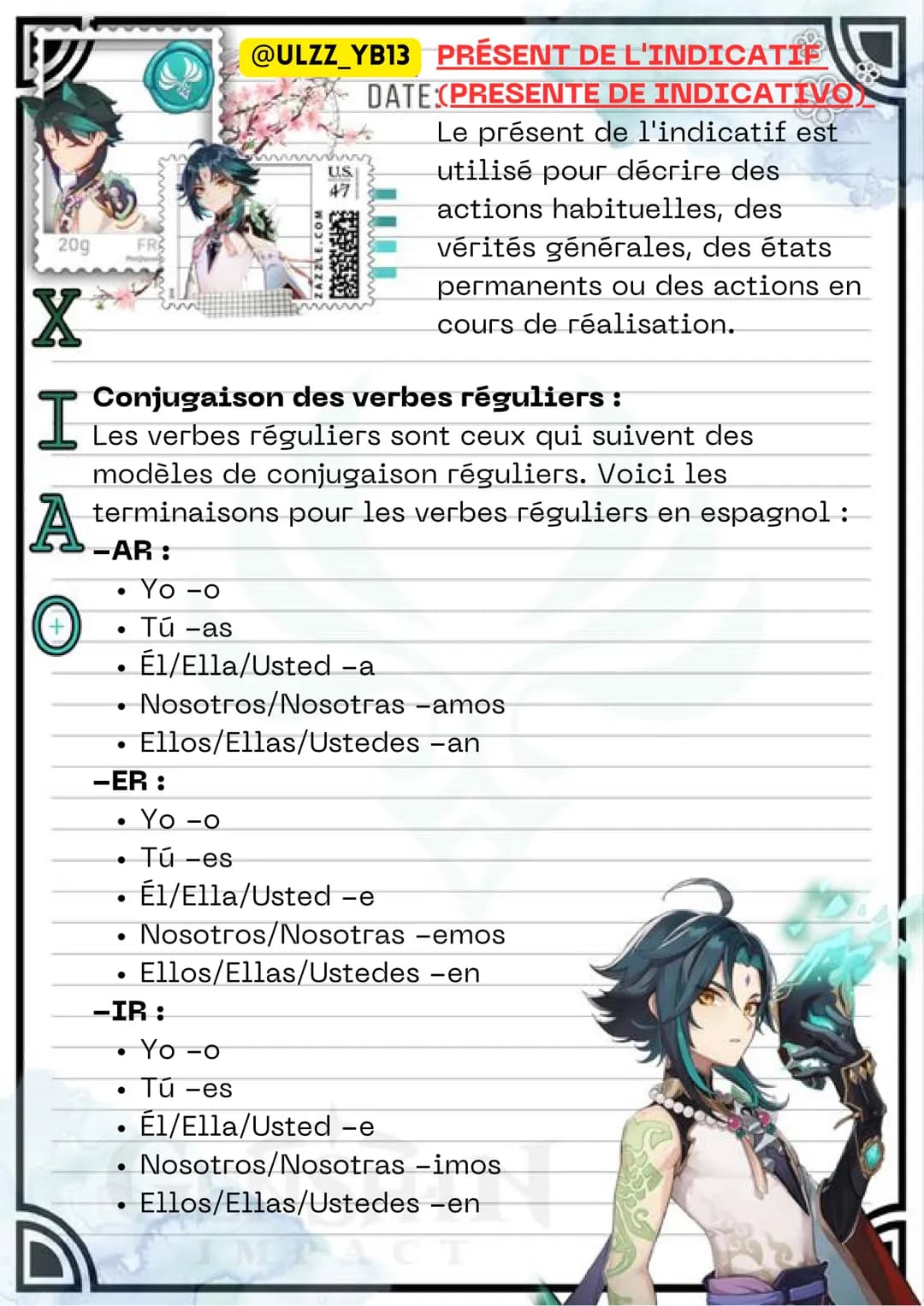 20g
FR
X
I
A
+
@ULZZ_YB13 PRÉSENT DE L'INDICATIF8
COM
ZLE.CO
122
US
47
DATE: PRESENTE DE INDICATIVO)
Le présent de l'indicatif est
utilisé p