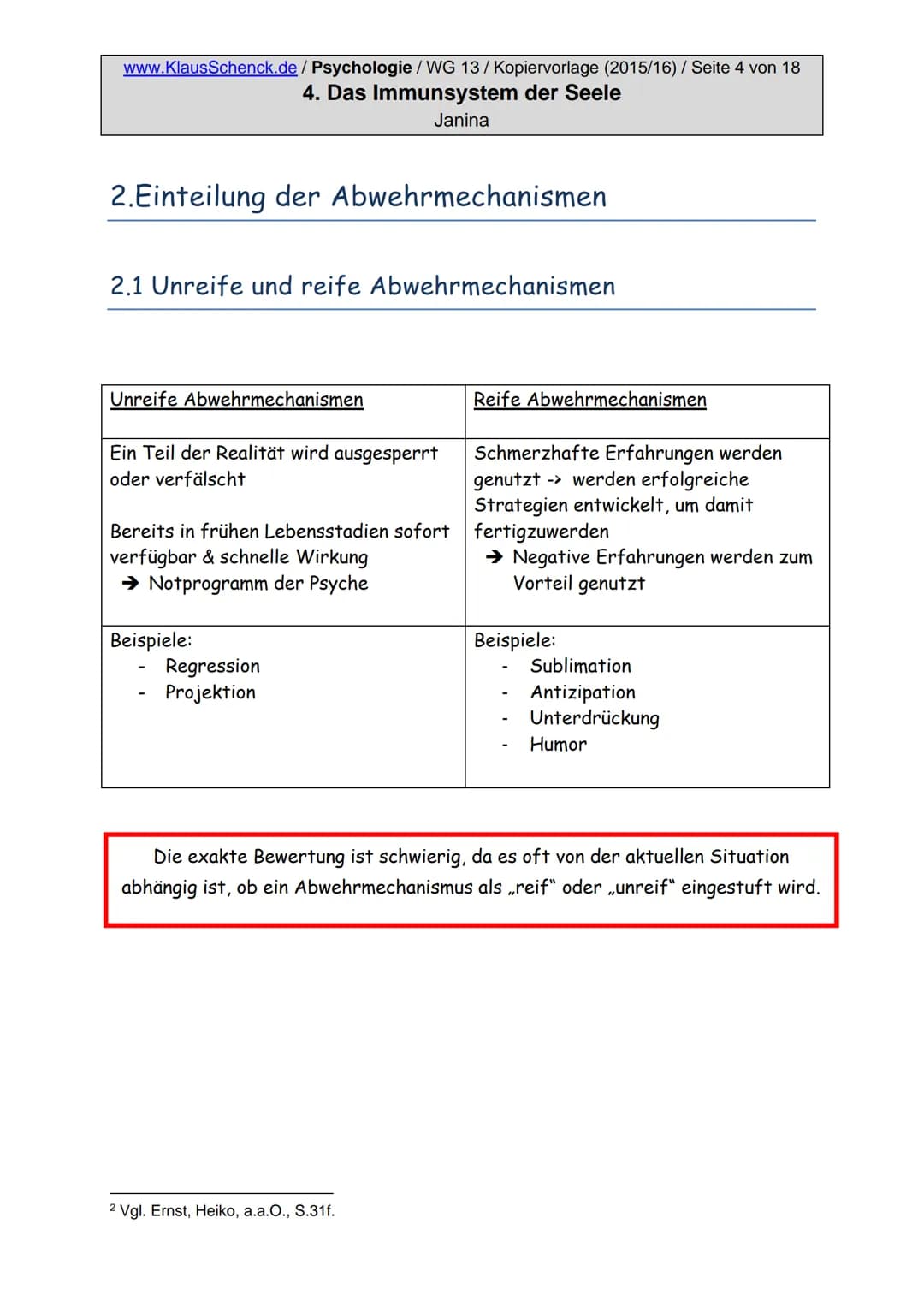www.KlausSchenck.de / Psychologie / WG 13/Kopiervorlage (2015/16) / Seite 2 von 18

4. Das Immunsystem der Seele

Janina

Inhaltsverzeichnis