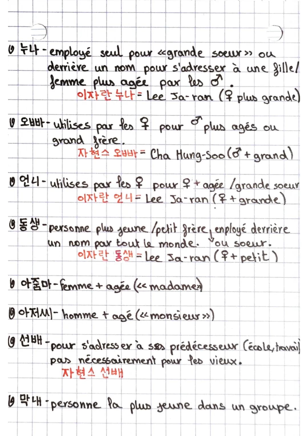 # NOMS et PARTICULES Honorifiés

Raison:
c'est malpoli de parler de quelqu'un
par son som.

Qui peut etre:
-Le metier: 선생님(=professeur)
Le r