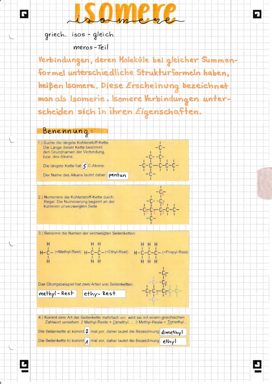 # Isomere

griech. isos gleich

meros-Teil

Verbindungen, deren Moleküle bei gleicher Summen-
formel unterschiedliche Strukturformeln haben,