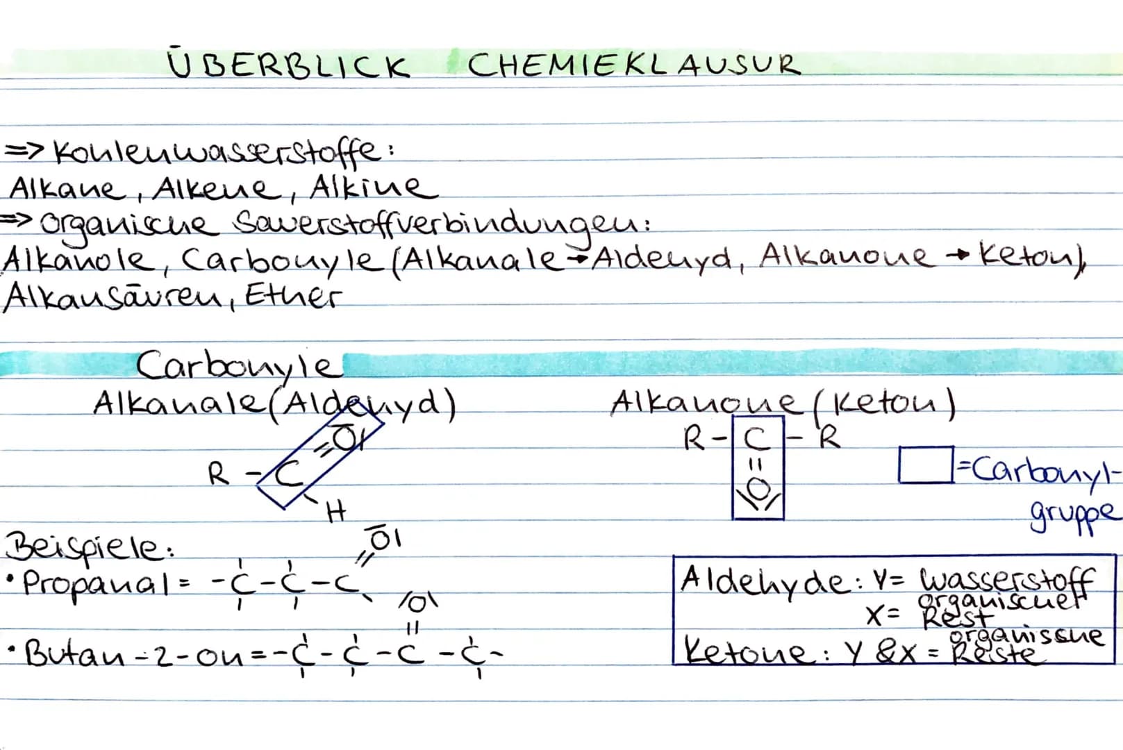 # ÜBERBLICK CHEMIEKLAUSUR

=> Koulenwasserstoffe:
Alkane, Alkene, Alkine

> organische Saverstoffverbindungen:
Alkanole, Carbonyle (Alkanale