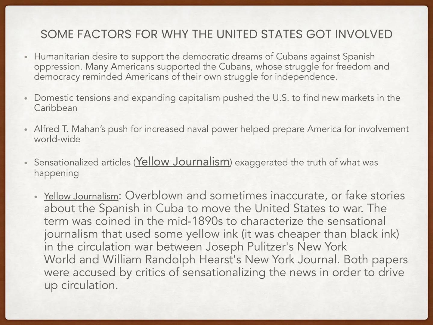 # U.S. IMPERIALISM &
# THE SPANISH-AMERICAN WAR # SPANISH-AMERICAN WAR
(APR 21, 1898 - AUG 13, 1898)

## Key Terms

*   Foreign Policy
*   S