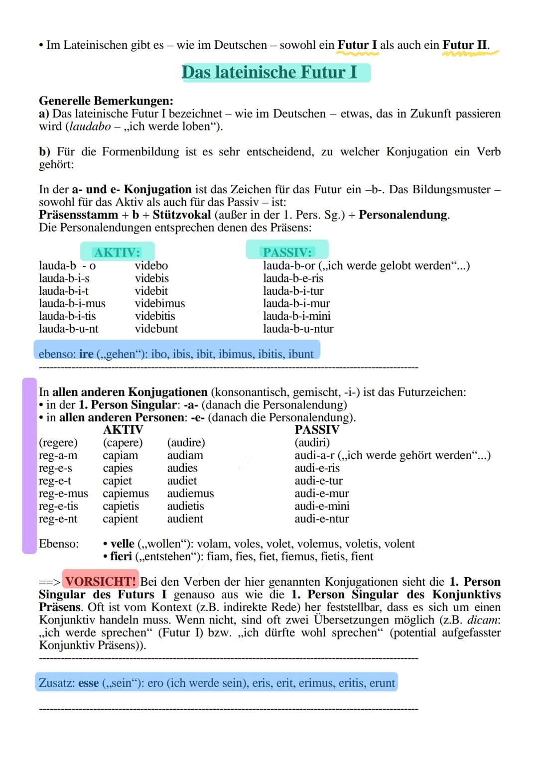 - Im Lateinischen gibt es wie im Deutschen - sowohl ein Futur I als auch ein Futur II.

# Das lateinische Futur I

Generelle Bemerkungen:
a)