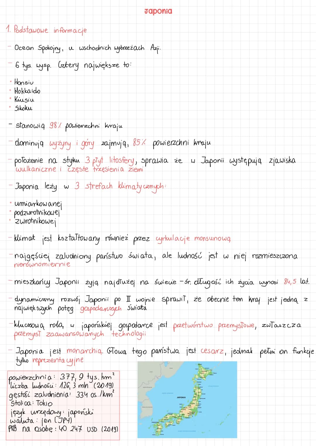 # Japonia

1. Podstawowe informacje

- Ocean Spokojny, u wschodnich wybrzeżach Azji.

- 6 tys. wysp. Gztery największe to:
  - Honsiv
  - Ho