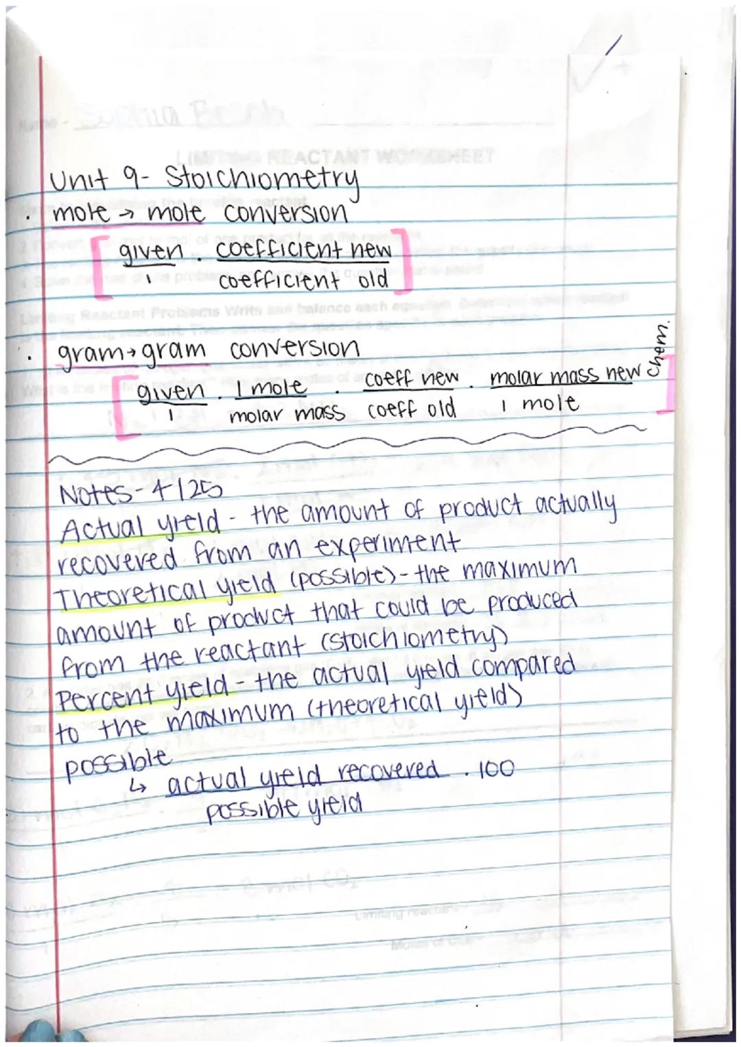 - Sophia Beach

Unit 9- Stoichiometry
- mote $\rightarrow$ mole conversion

$\frac{\text{given}}{\text{1}}$ $\frac{\text{coefficient new}}{\